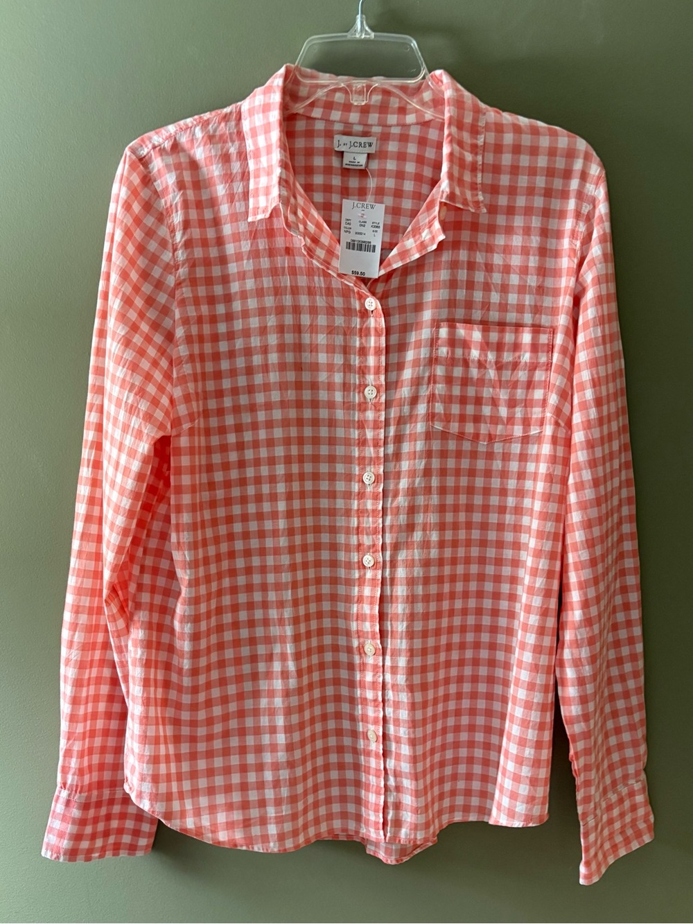 NWT J by J. Crew Coral and White Gingham Button-Down Lightweight Shirt Size L